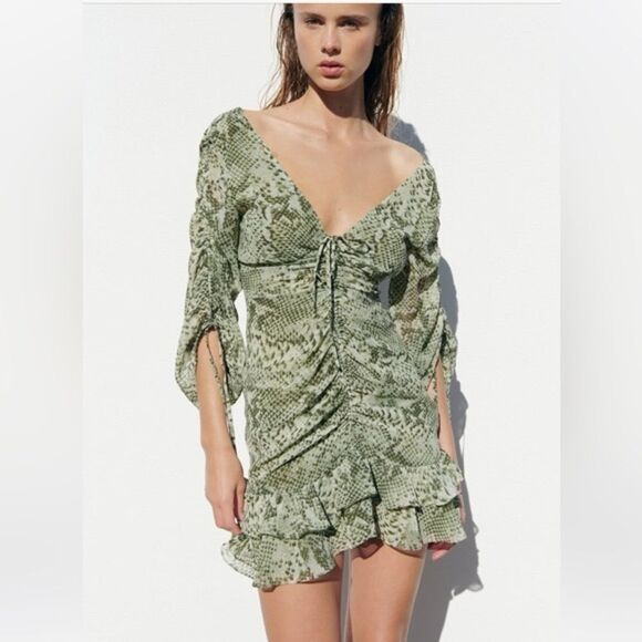 Zara Green Snakeprint Chiffon Ruffle Dress XL - Picture 1 of 8